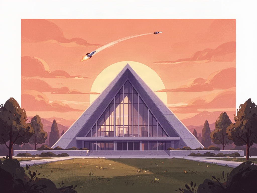 Illustration of the new Parliament building at sunset with a rocket trail in the sky