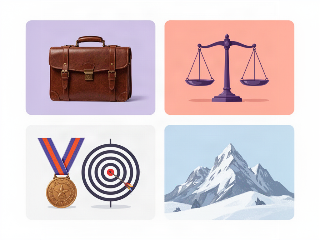 Illustration tiles of a briefcase, scales of justice, a bronze medal with a target, and mountain peaks